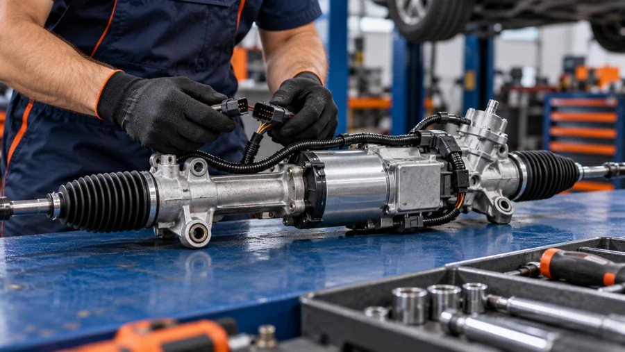 Imagem ilustrativa de uma caixa de direção elétrica com motor de assistência